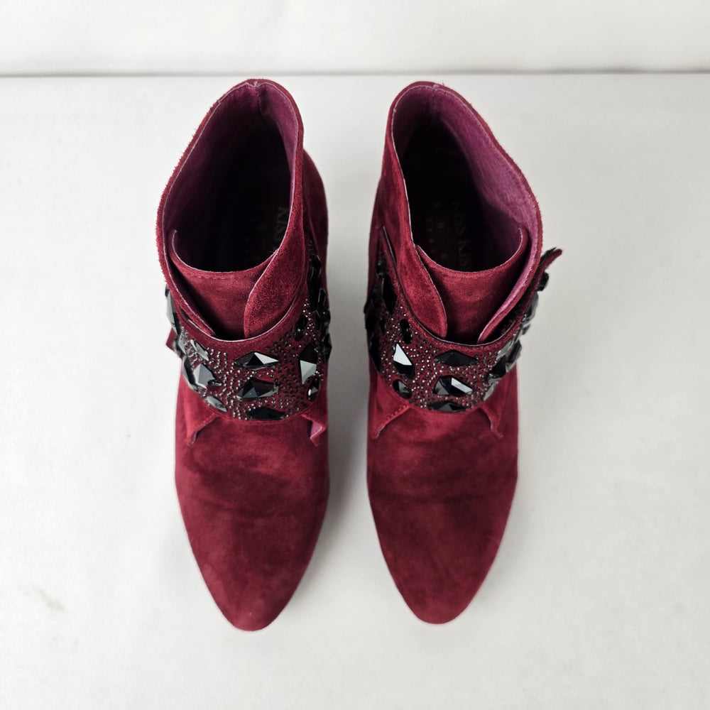 Kiss Kiss Burgundy Suede Jeweled Ankle Boots Size 9