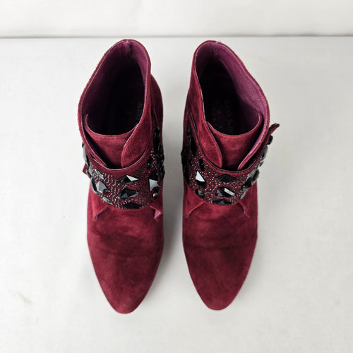 Kiss Kiss Burgundy Suede Jeweled Ankle Boots Size 9