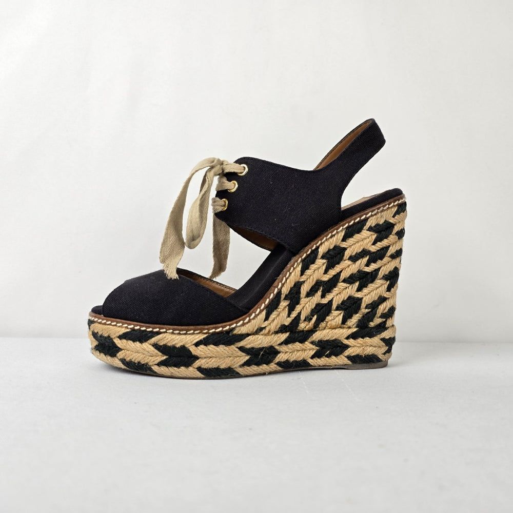 Tory Burch Black Canvas Espadrille Wedge Sandals Lace Up Size 7
