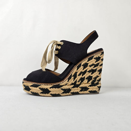 Tory Burch Black Canvas Espadrille Wedge Sandals Lace Up Size 7