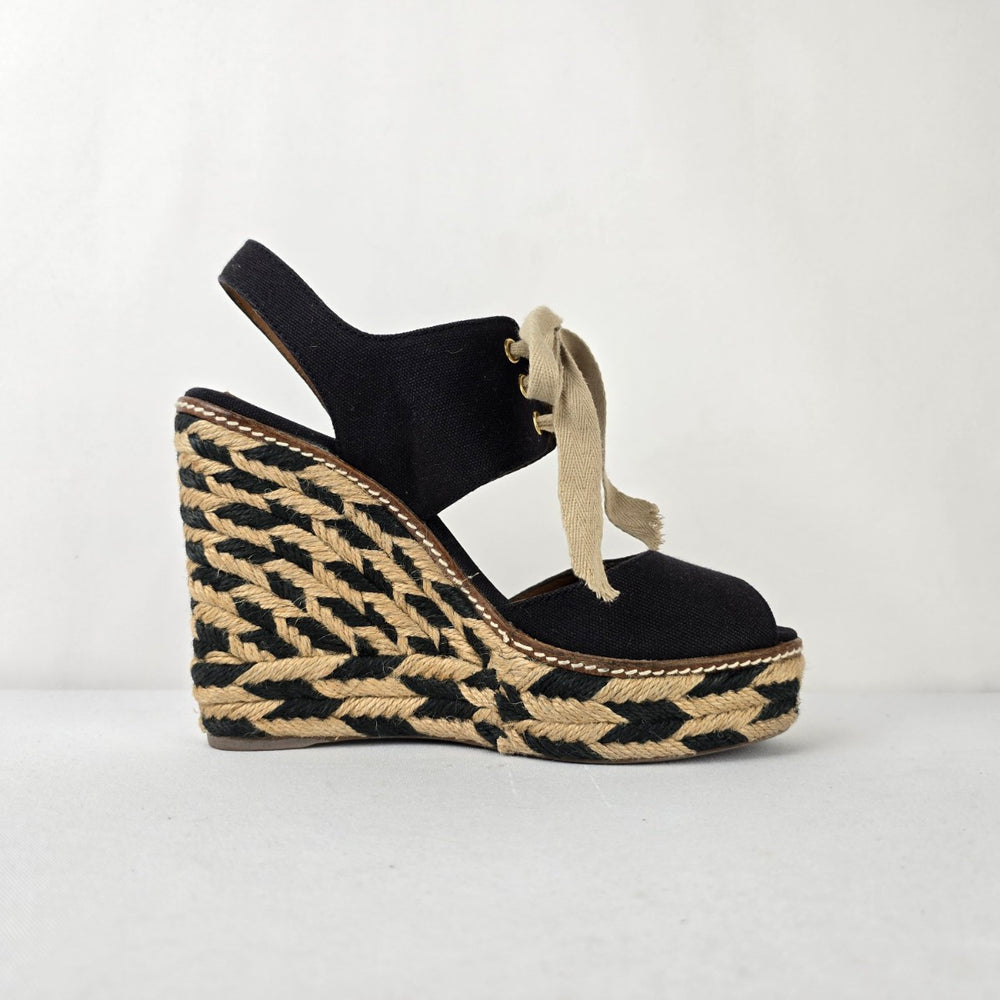 Tory Burch Black Canvas Espadrille Wedge Sandals Lace Up Size 7