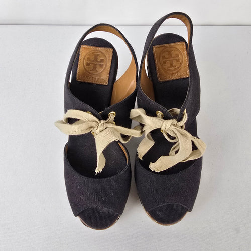 Tory Burch Black Canvas Espadrille Wedge Sandals Lace Up Size 7