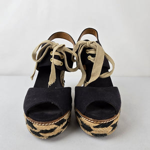 Tory Burch Black Canvas Espadrille Wedge Sandals Lace Up Size 7