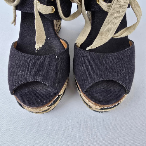 Tory Burch Black Canvas Espadrille Wedge Sandals Lace Up Size 7