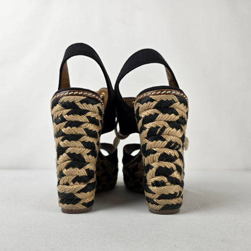 Tory Burch Black Canvas Espadrille Wedge Sandals Lace Up Size 7