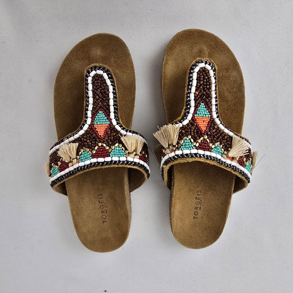 Torgeis Beaded Tassel Thong Sandals Cork Footbed Size 8