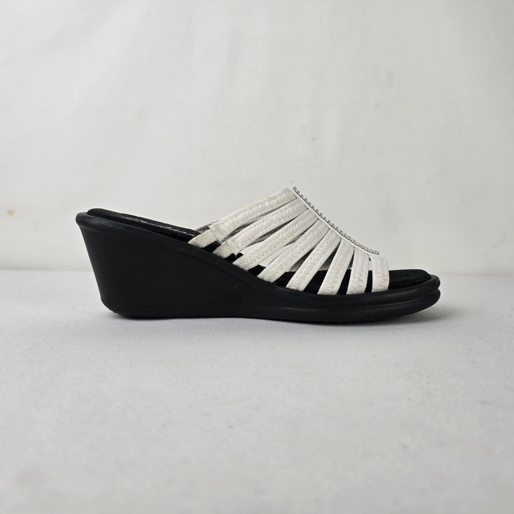Skechers Memory Foam Black White Wedge Slide Sandals Size 8