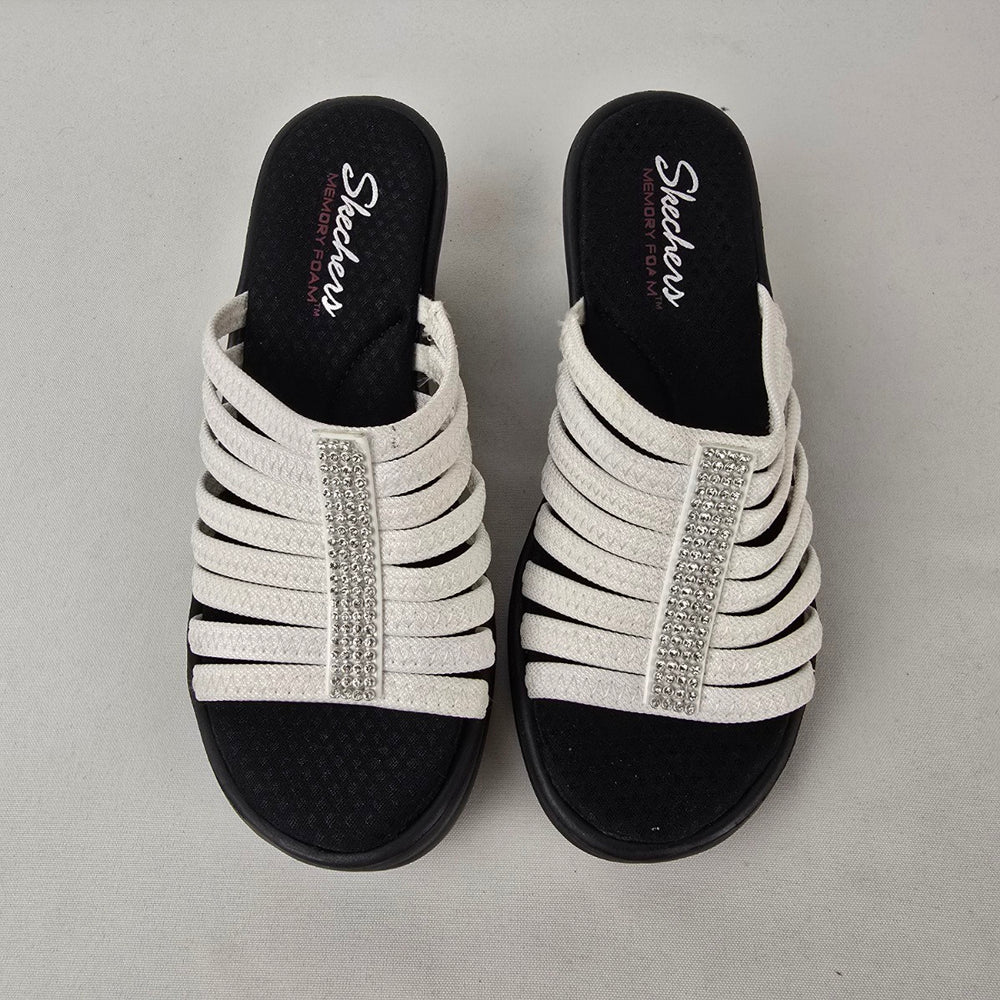 Skechers Memory Foam Black White Wedge Slide Sandals Size 8