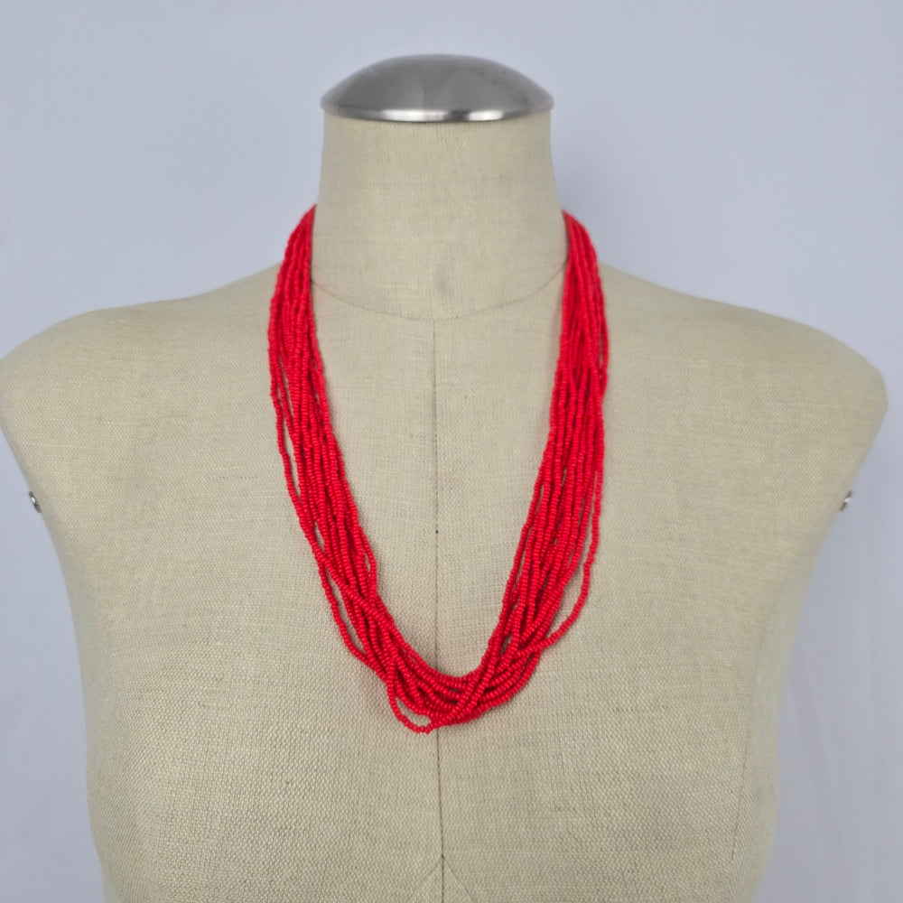 Vintage Red Multi-Strand Seed Bead Necklace – Gold Tone Clasp