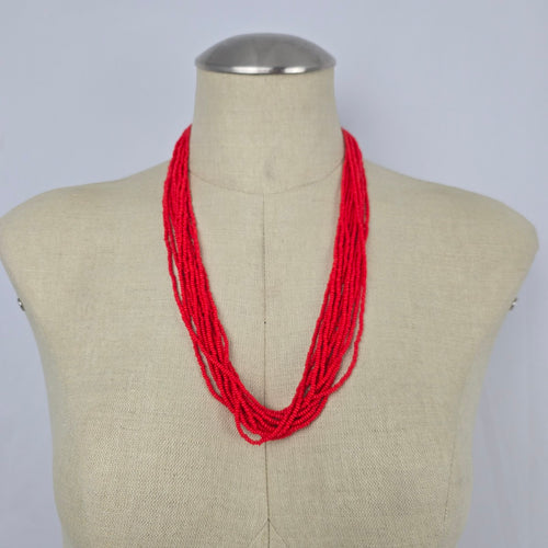 Vintage Red Multi-Strand Seed Bead Necklace – Gold Tone Clasp