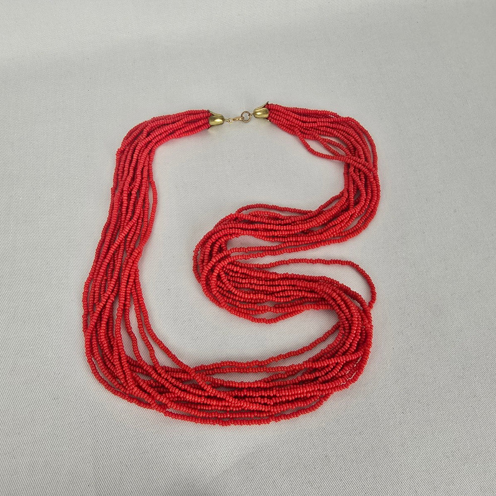 Vintage Red Multi-Strand Seed Bead Necklace – Gold Tone Clasp