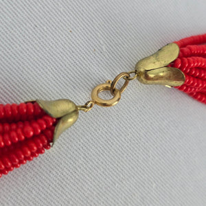 Vintage Red Multi-Strand Seed Bead Necklace – Gold Tone Clasp