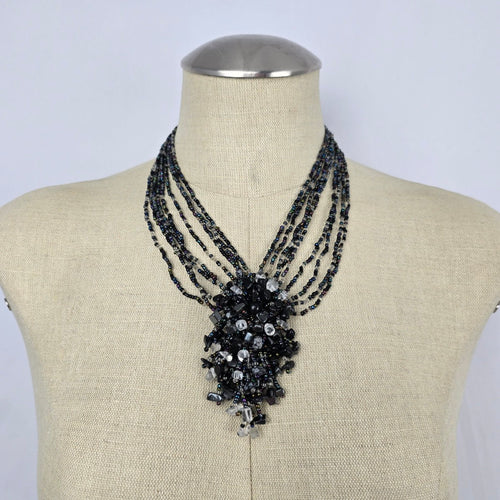 Black Iridescent Multi-Strand Beaded Statement Necklace