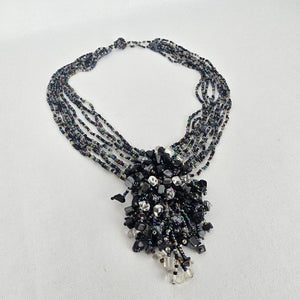 Black Iridescent Multi-Strand Beaded Statement Necklace