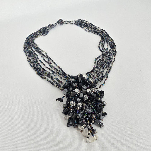 Black Iridescent Multi-Strand Beaded Statement Necklace