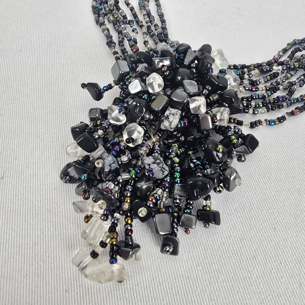 Black Iridescent Multi-Strand Beaded Statement Necklace