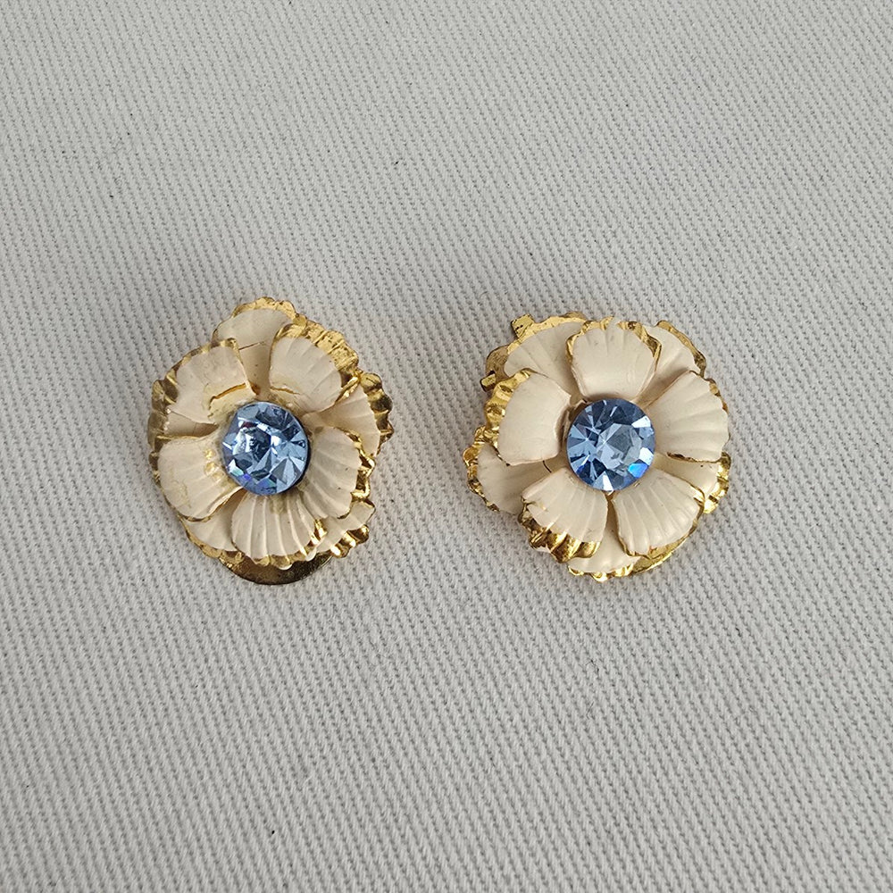 Vintage Cream Flower Clip-On Earrings with Blue Rhinestone Centres