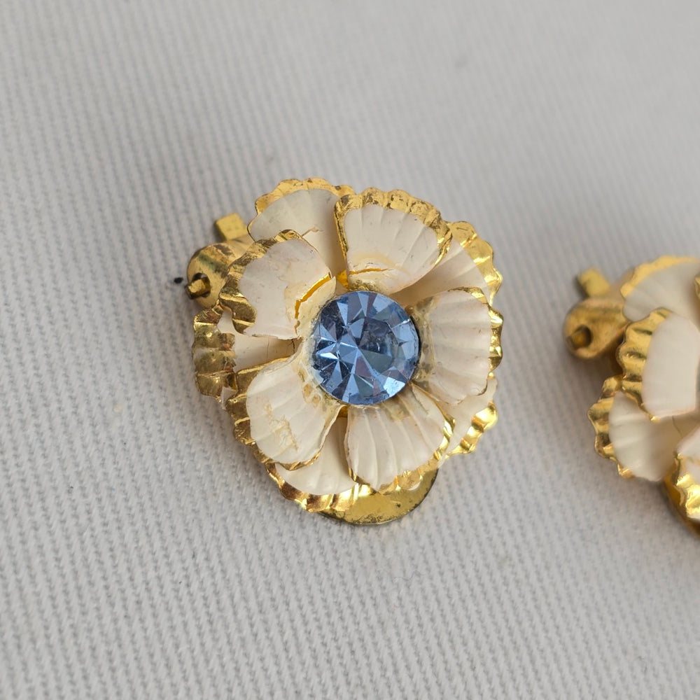 Vintage Cream Flower Clip-On Earrings with Blue Rhinestone Centres