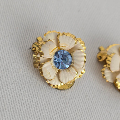 Vintage Cream Flower Clip-On Earrings with Blue Rhinestone Centres