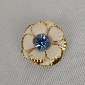 Vintage Cream Flower Clip-On Earrings with Blue Rhinestone Centres