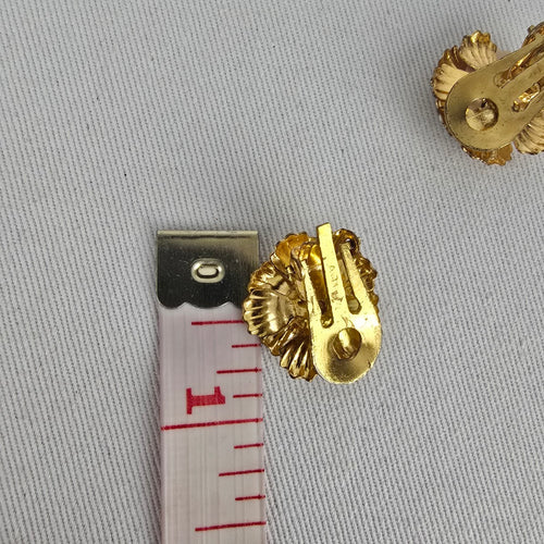 Vintage Cream Flower Clip-On Earrings with Blue Rhinestone Centres