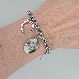 Vintage Hong Kong Western Charm Bracelet – Silver Tone Cowboy Horseshoe Hat Charms