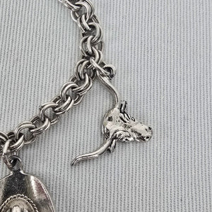 Vintage Hong Kong Western Charm Bracelet – Silver Tone Cowboy Horseshoe Hat Charms
