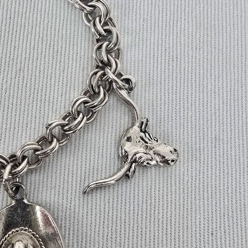 Vintage Hong Kong Western Charm Bracelet – Silver Tone Cowboy Horseshoe Hat Charms