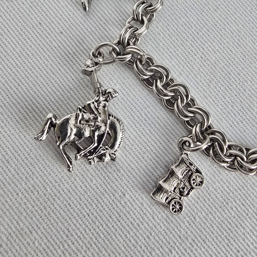 Vintage Hong Kong Western Charm Bracelet – Silver Tone Cowboy Horseshoe Hat Charms
