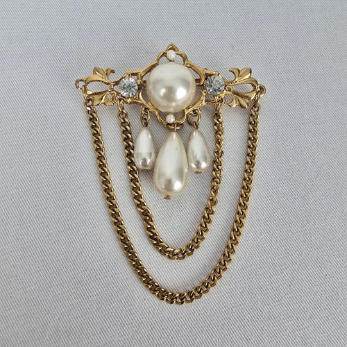 Vintage Gold Tone Faux Pearl Rhinestone Chain Dangle Brooch