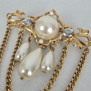 Vintage Gold Tone Faux Pearl Rhinestone Chain Dangle Brooch