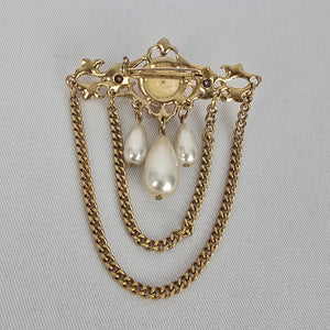 Vintage Gold Tone Faux Pearl Rhinestone Chain Dangle Brooch