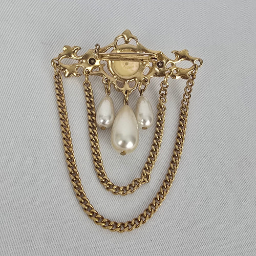 Vintage Gold Tone Faux Pearl Rhinestone Chain Dangle Brooch