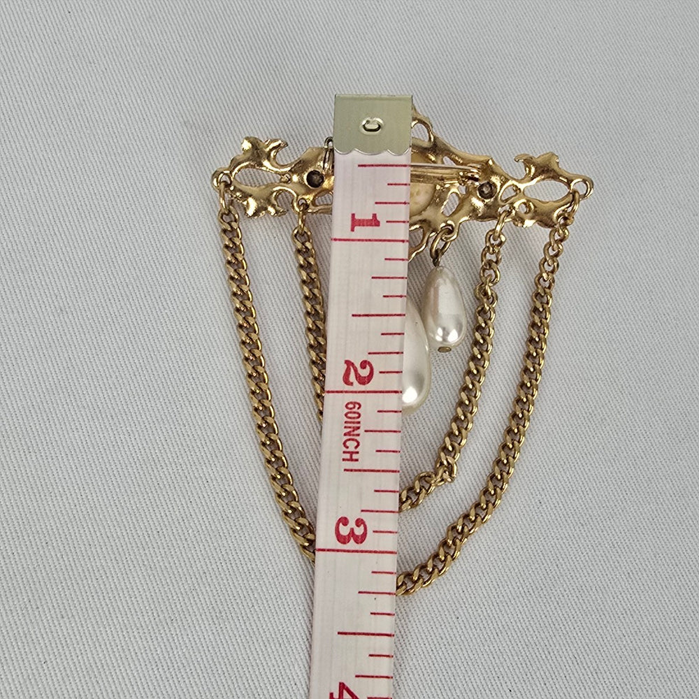 Vintage Gold Tone Faux Pearl Rhinestone Chain Dangle Brooch