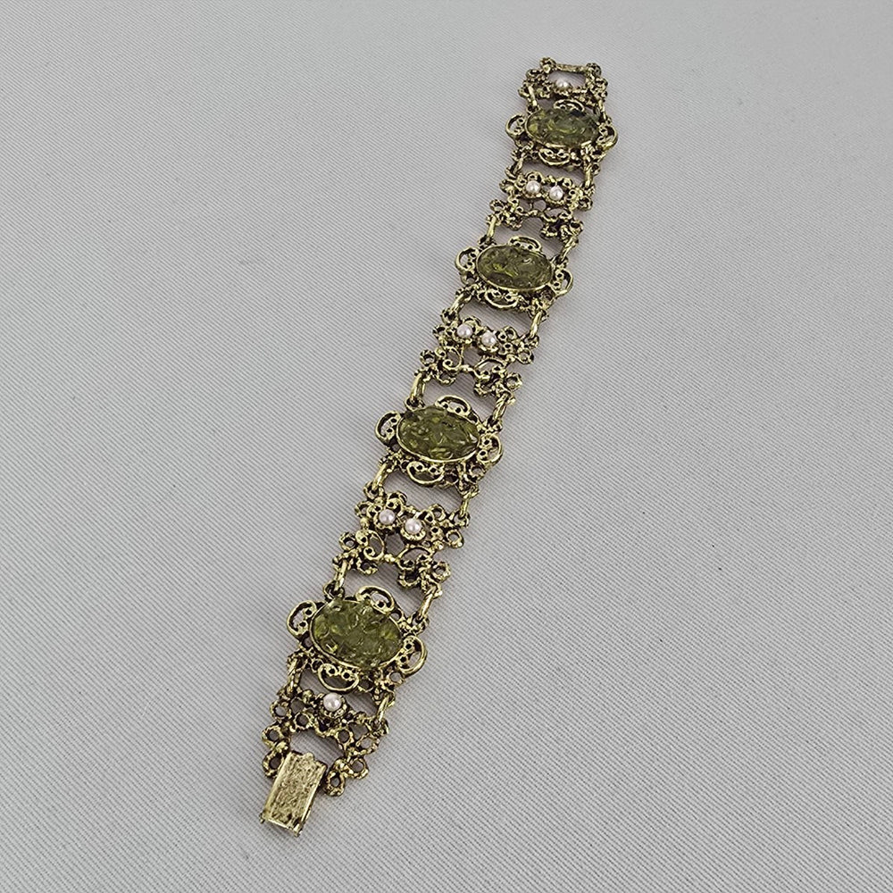 Vintage Green Cabochon Faux Pearl Gold Tone Panel Bracelet