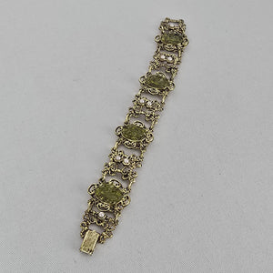 Vintage Green Cabochon Faux Pearl Gold Tone Panel Bracelet