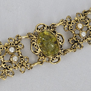 Vintage Green Cabochon Faux Pearl Gold Tone Panel Bracelet