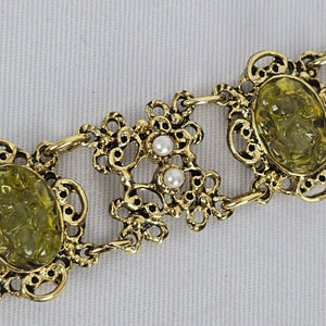 Vintage Green Cabochon Faux Pearl Gold Tone Panel Bracelet