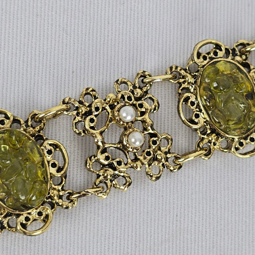Vintage Green Cabochon Faux Pearl Gold Tone Panel Bracelet