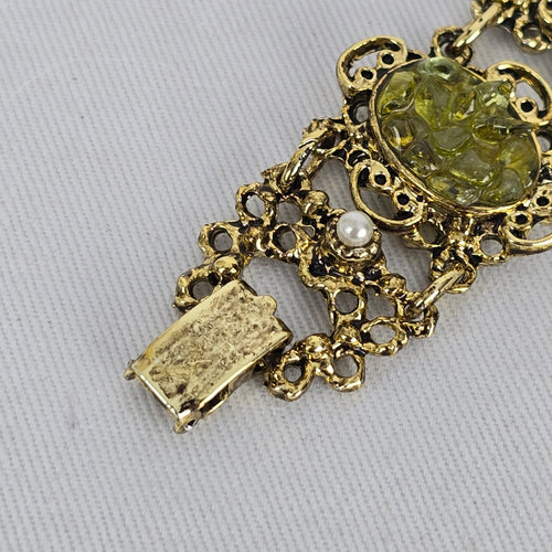 Vintage Green Cabochon Faux Pearl Gold Tone Panel Bracelet