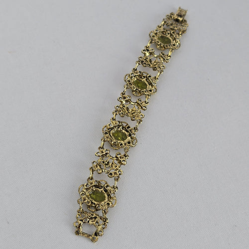 Vintage Green Cabochon Faux Pearl Gold Tone Panel Bracelet