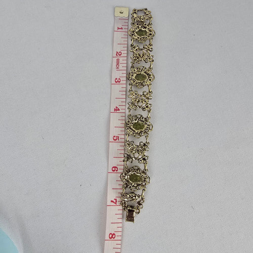 Vintage Green Cabochon Faux Pearl Gold Tone Panel Bracelet