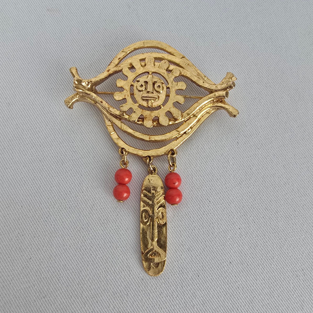 Vintage Gold Tone Tribal Mask Brooch with Red Bead Dangles