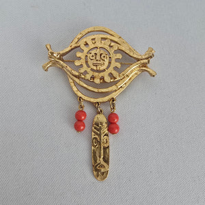 Vintage Gold Tone Tribal Mask Brooch with Red Bead Dangles