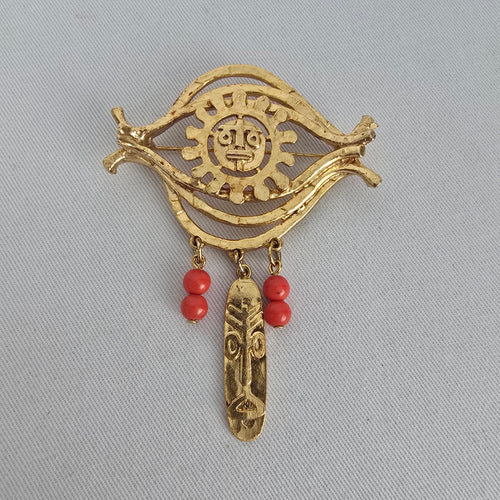 Vintage Gold Tone Tribal Mask Brooch with Red Bead Dangles