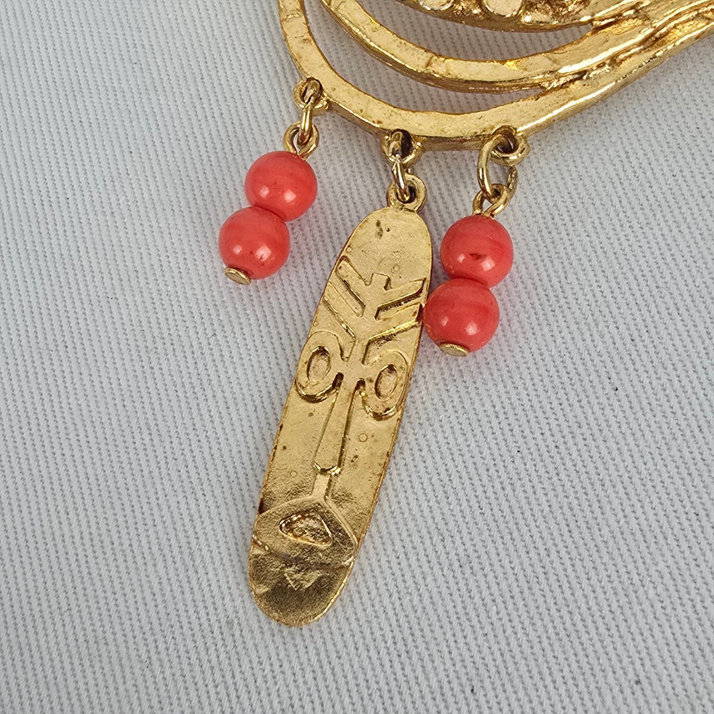 Vintage Gold Tone Tribal Mask Brooch with Red Bead Dangles