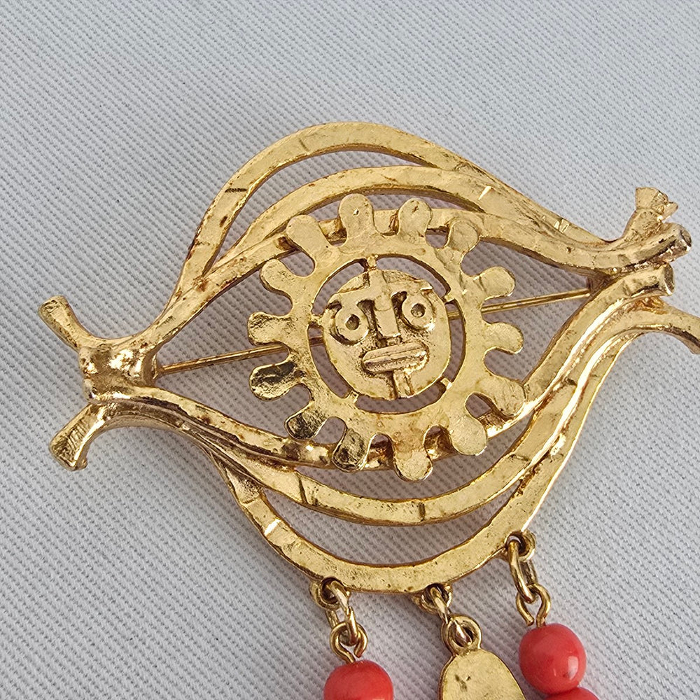 Vintage Gold Tone Tribal Mask Brooch with Red Bead Dangles