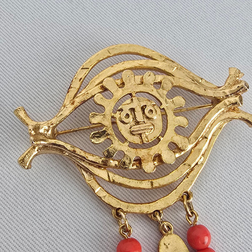 Vintage Gold Tone Tribal Mask Brooch with Red Bead Dangles