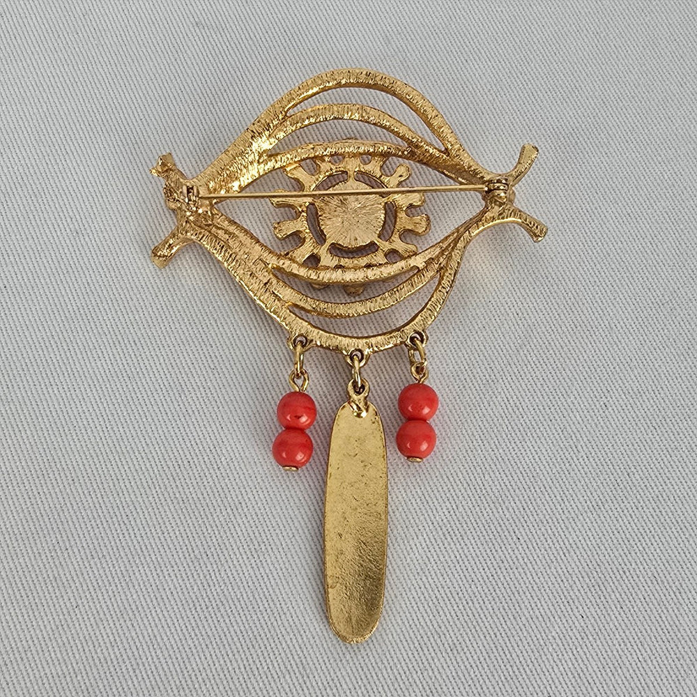 Vintage Gold Tone Tribal Mask Brooch with Red Bead Dangles