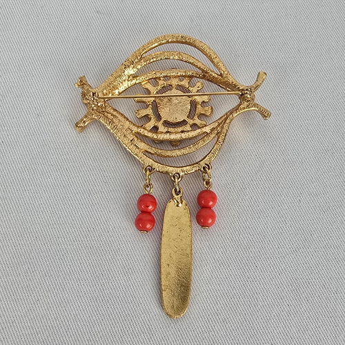 Vintage Gold Tone Tribal Mask Brooch with Red Bead Dangles